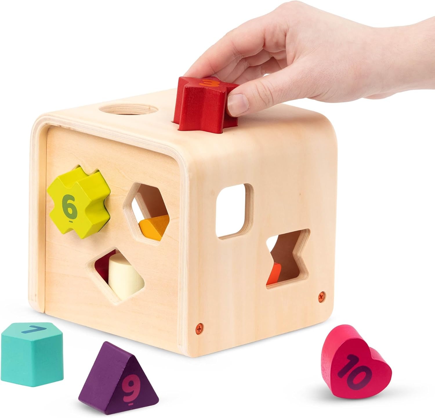 image:imageBattat  Shape Sorter for Toddlers Kids Wooden Learning Cube 10 Colorful Wood Shapes with Numbers Count amp Sort Cube 1 Year 