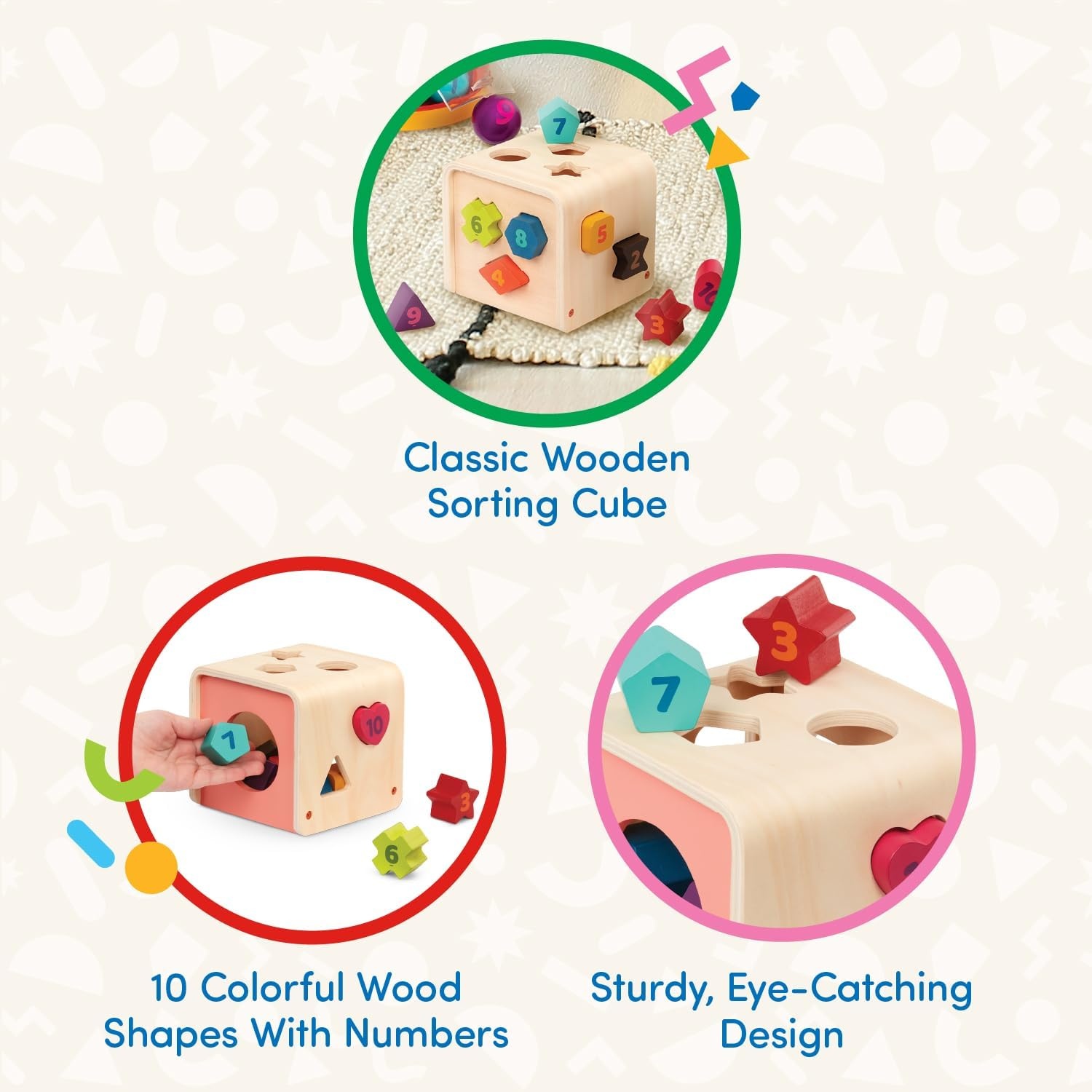 image:imageBattat  Shape Sorter for Toddlers Kids Wooden Learning Cube 10 Colorful Wood Shapes with Numbers Count amp Sort Cube 1 Year 