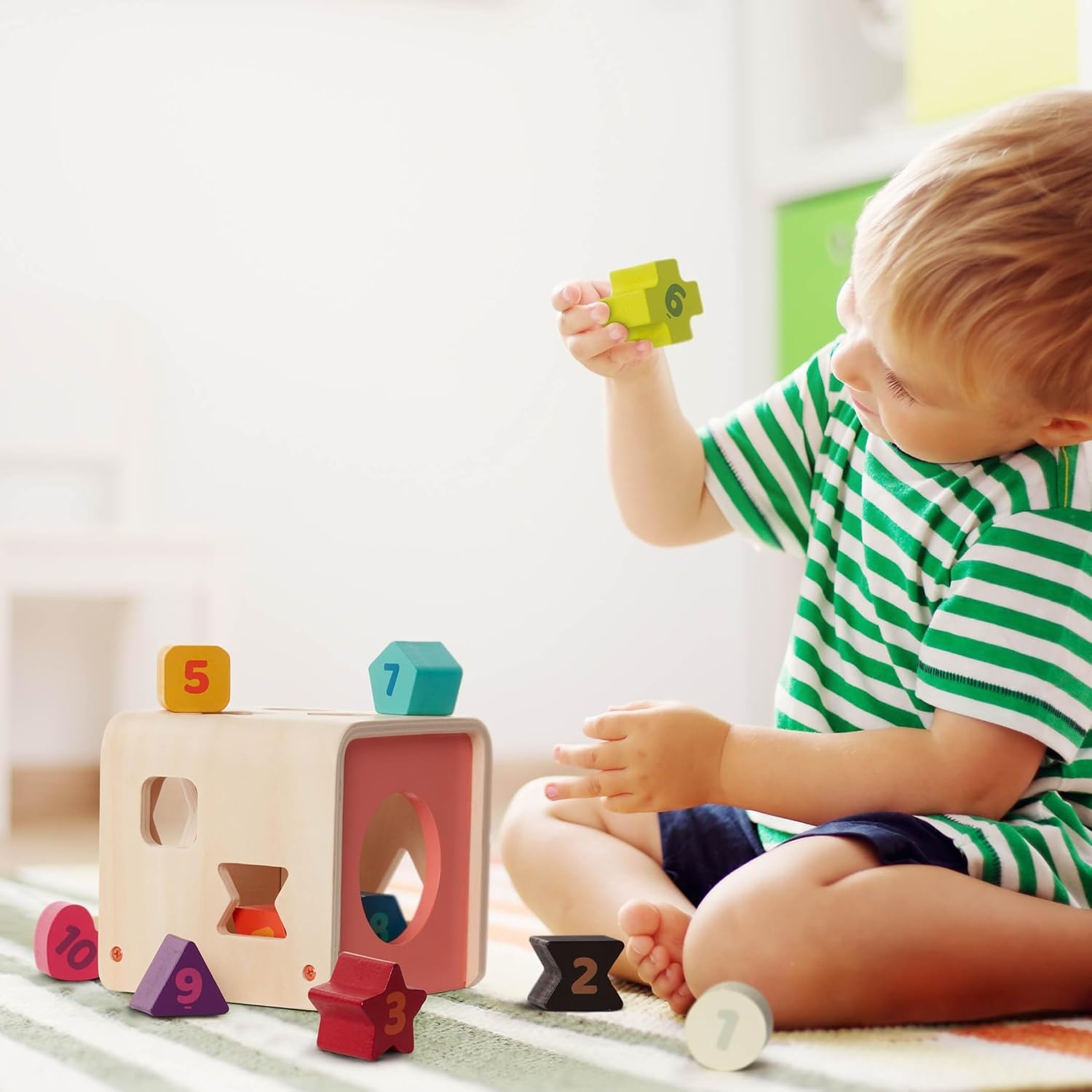 image:imageBattat  Shape Sorter for Toddlers Kids Wooden Learning Cube 10 Colorful Wood Shapes with Numbers Count amp Sort Cube 1 Year 