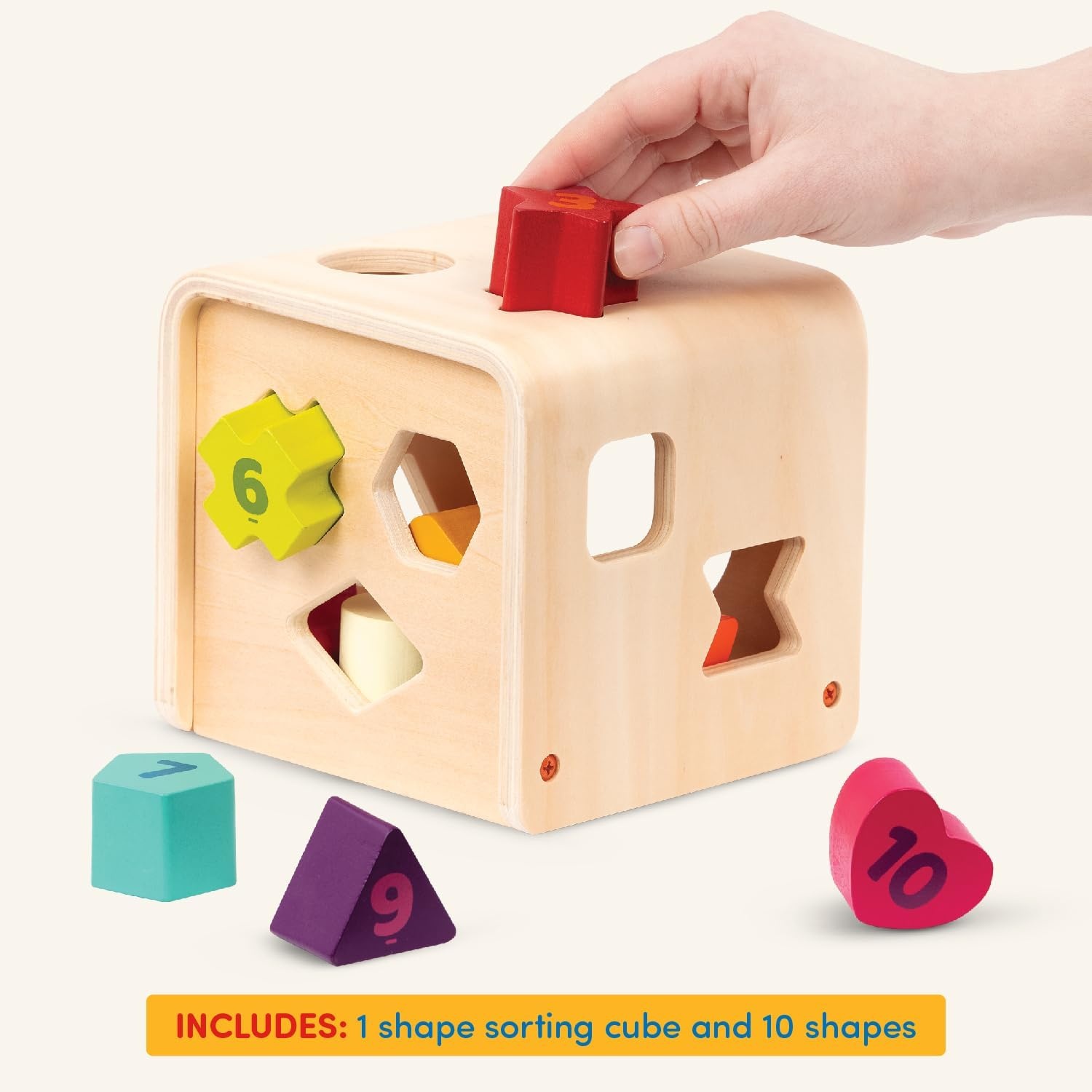 image:imageBattat  Shape Sorter for Toddlers Kids Wooden Learning Cube 10 Colorful Wood Shapes with Numbers Count amp Sort Cube 1 Year 