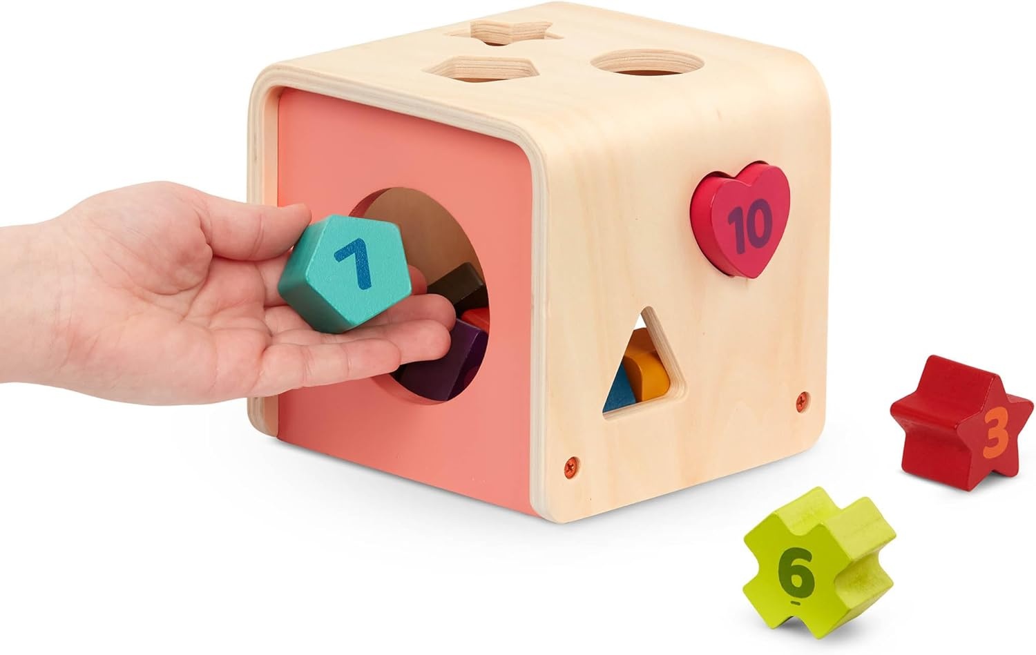 image:imageBattat  Shape Sorter for Toddlers Kids Wooden Learning Cube 10 Colorful Wood Shapes with Numbers Count amp Sort Cube 1 Year 