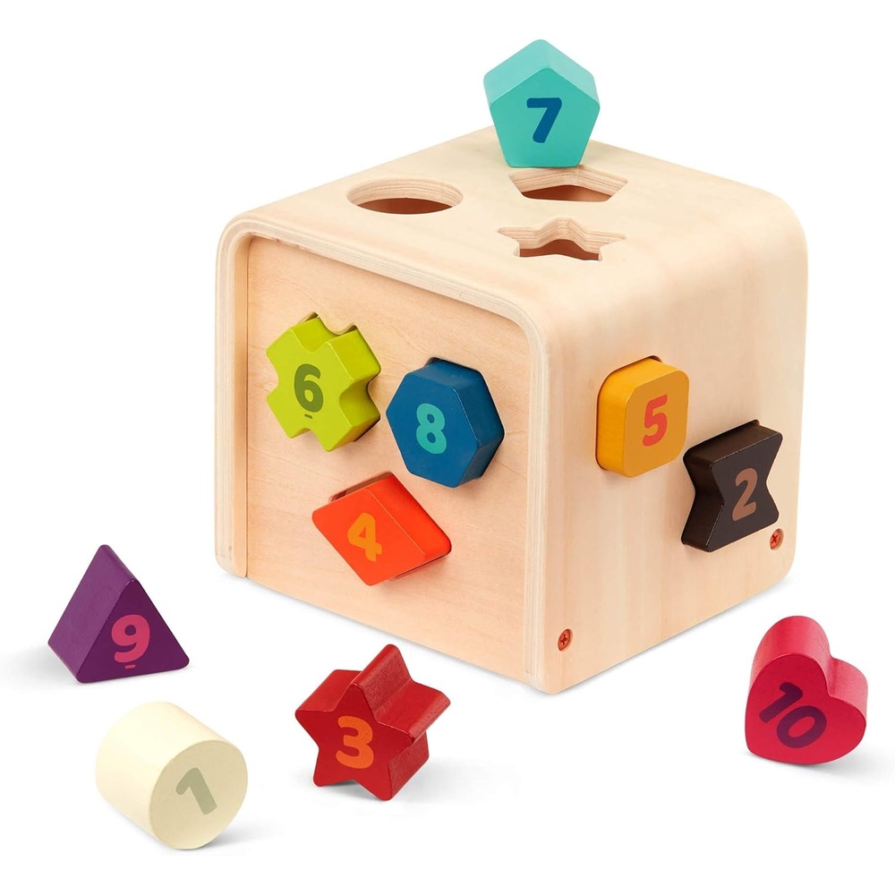 image:imageBattat  Shape Sorter for Toddlers Kids Wooden Learning Cube 10 Colorful Wood Shapes with Numbers Count amp Sort Cube 1 Year 