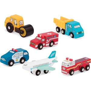 image:imageBattat  Set 2  Miniature Toy Cars  6 Wooden Vehicles  Classic Wooden Toy  Mini Fire Engine Dump Truck  3 Years 